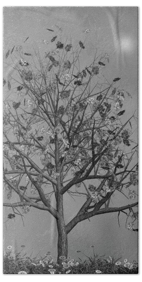Autumn Beach Towel featuring the mixed media Flowers Beneath The Autumn Tree Black and White by David Dehner