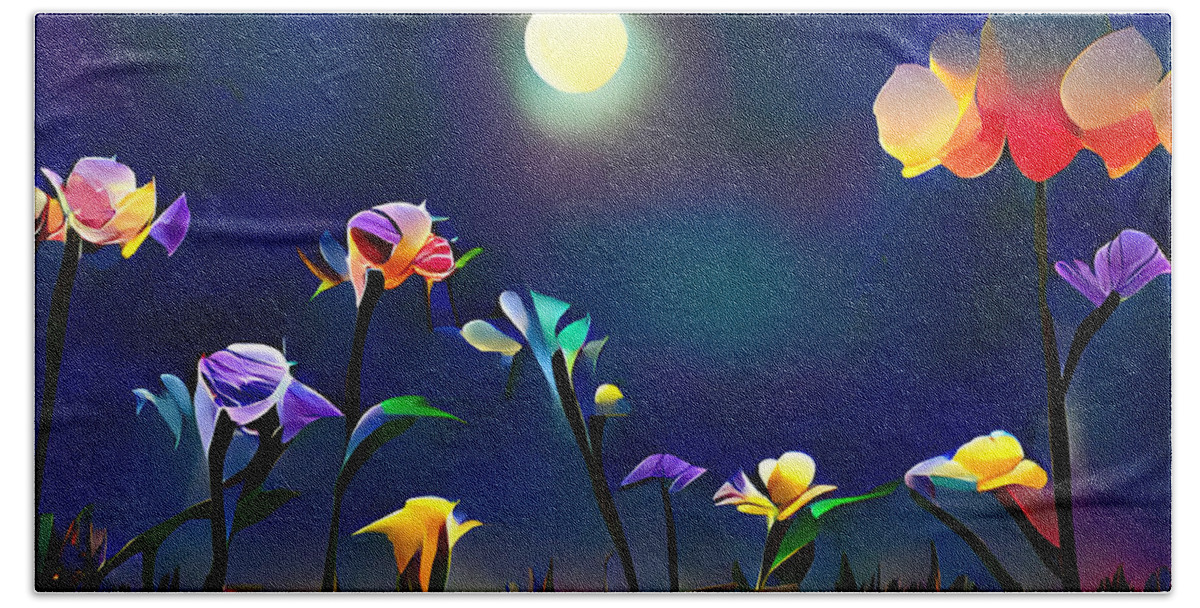 Flowers Beach Sheet featuring the digital art Flowers in the Moonlight by Gary Blackman