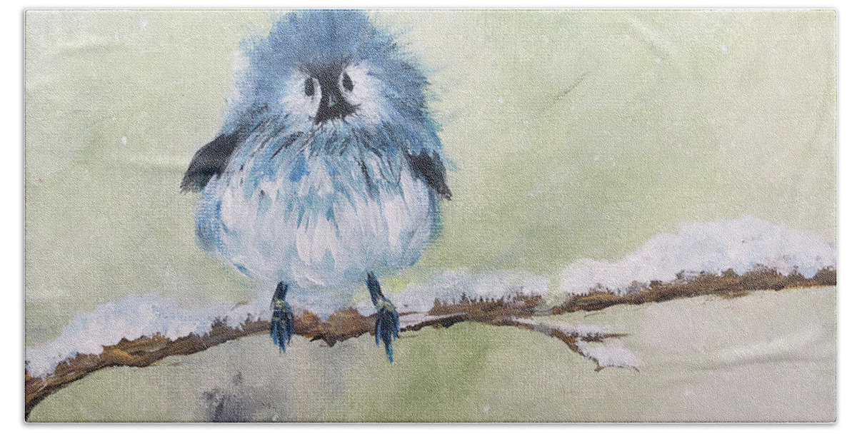 Blue Bird Beach Towel featuring the painting Fluffy Blue Bird by Roxy Rich