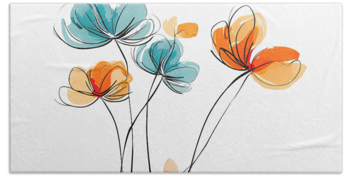 Turquoise And Orange Beach Towel featuring the painting Fluid Florals - Turquoise and Orange Flowers Art by Lourry Legarde