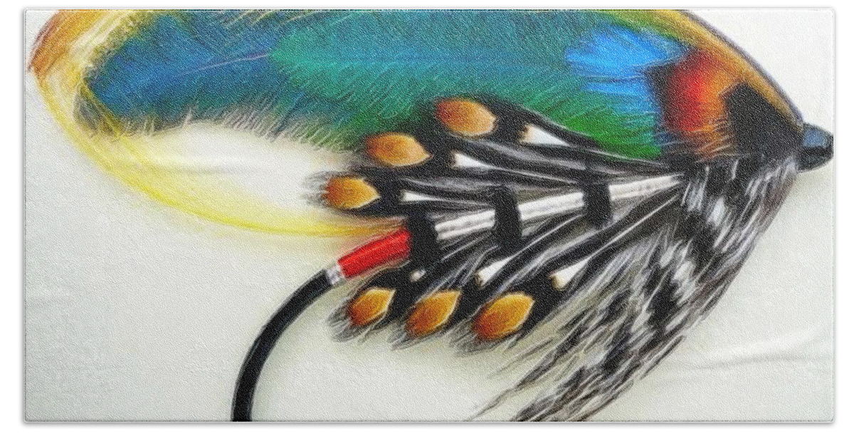 Artificial Fishing Bait Beach Towel featuring the painting Fly Fishing Lure Painting Study Beautiful Pretty by Tony Rubino