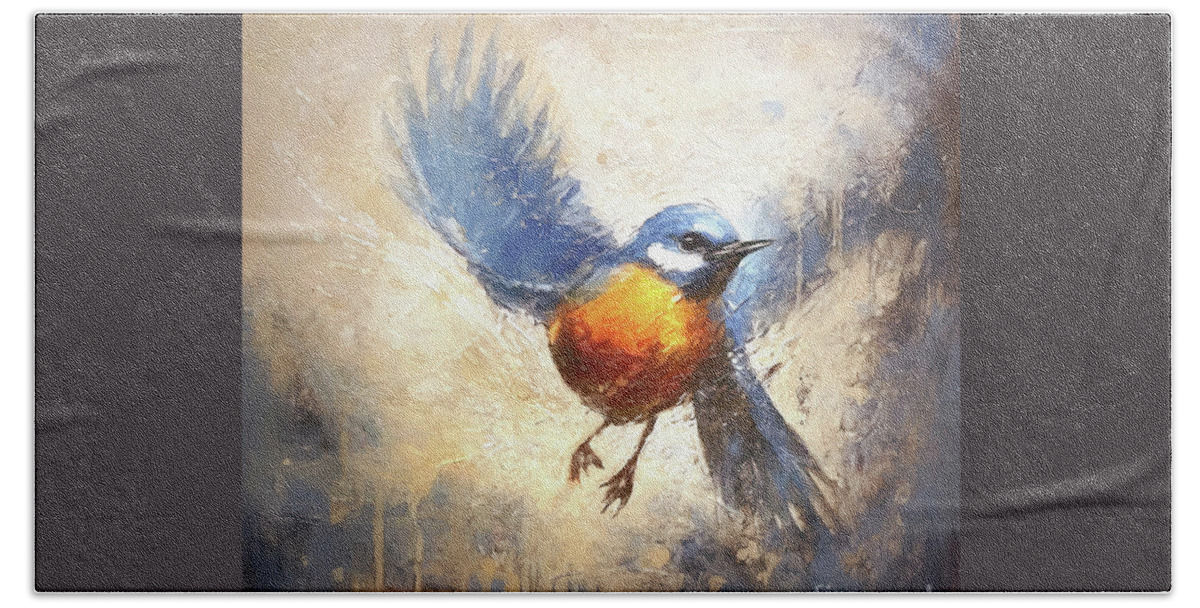 Bluebird Beach Towel featuring the painting Fly Little Bluebird by Tina LeCour