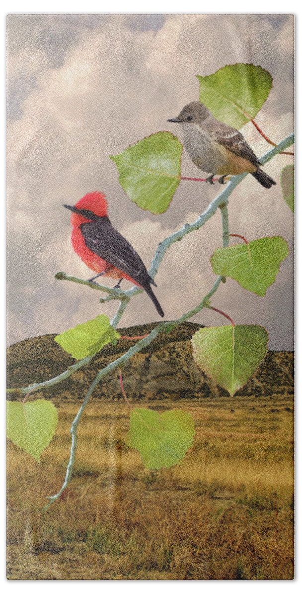 Birds Beach Towel featuring the digital art Flycatchers and Cottonwood by M Spadecaller