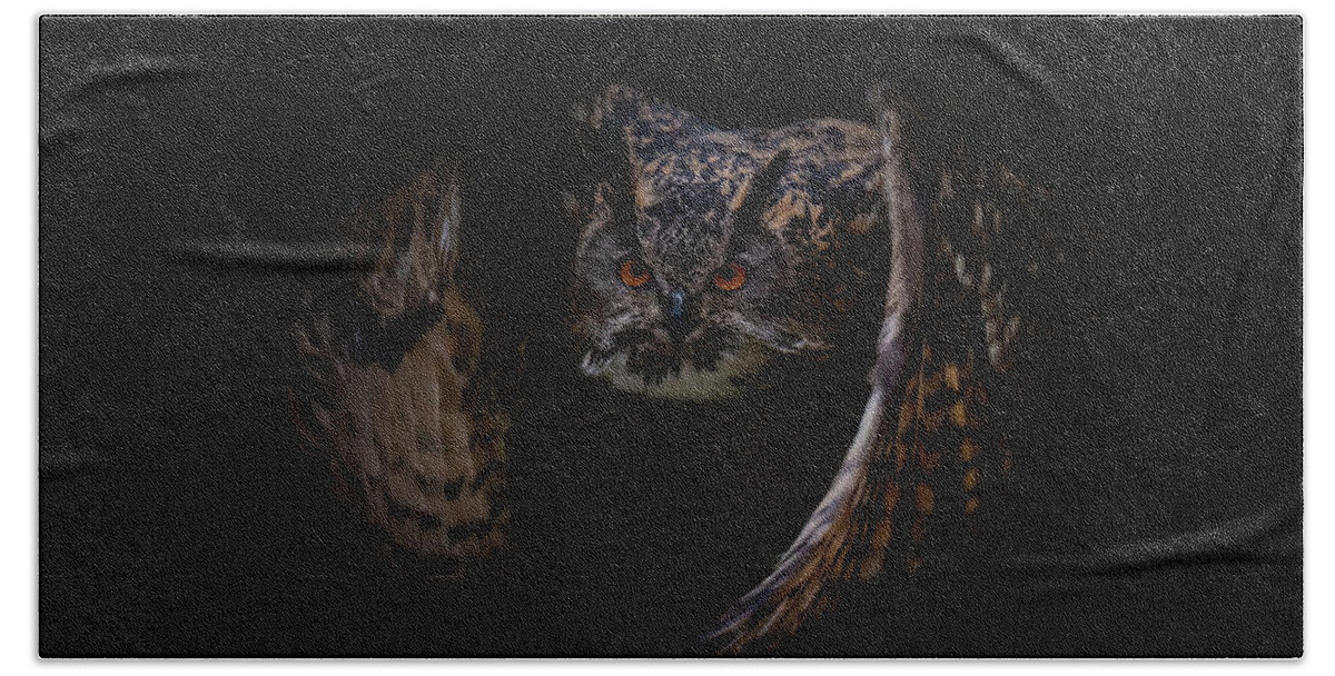 Flying Beach Towel featuring the digital art Flying European eagle owl by Marjolein Van Middelkoop