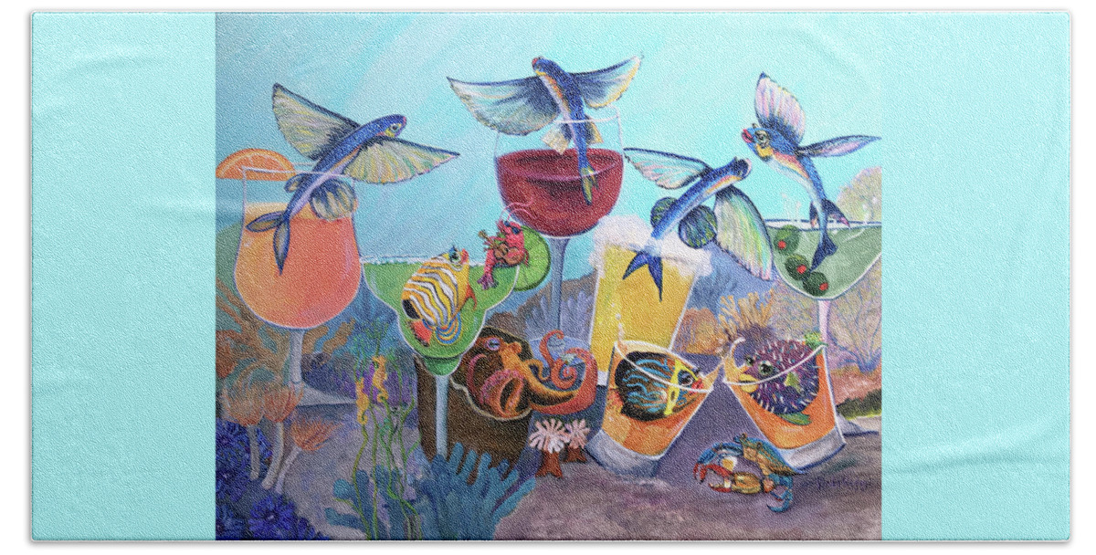 Fish Art Beach Towel featuring the painting Flying High at the Reef Bar by Linda Kegley