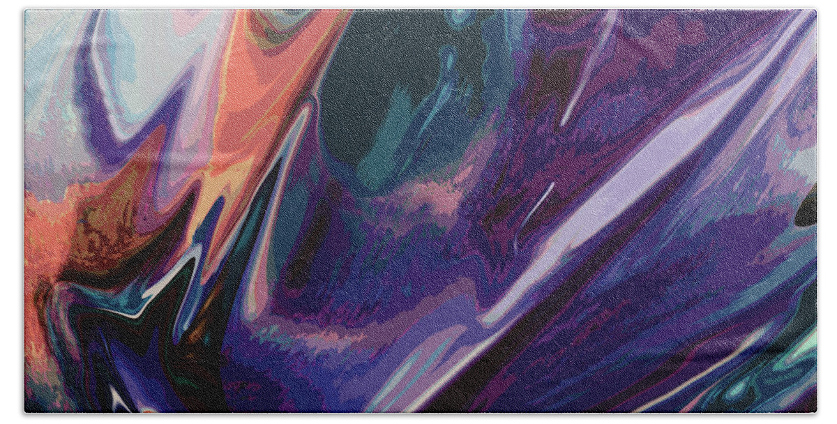 Abstract Beach Towel featuring the digital art Flying in Violet by Jacqueline Shuler