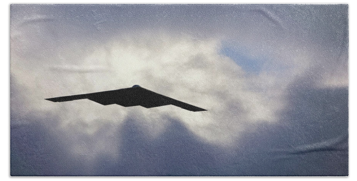 B2 Beach Towel featuring the photograph Flying out of the Clouds - B-2 Stealth Bomber - Air Force Pilot by Jason Politte