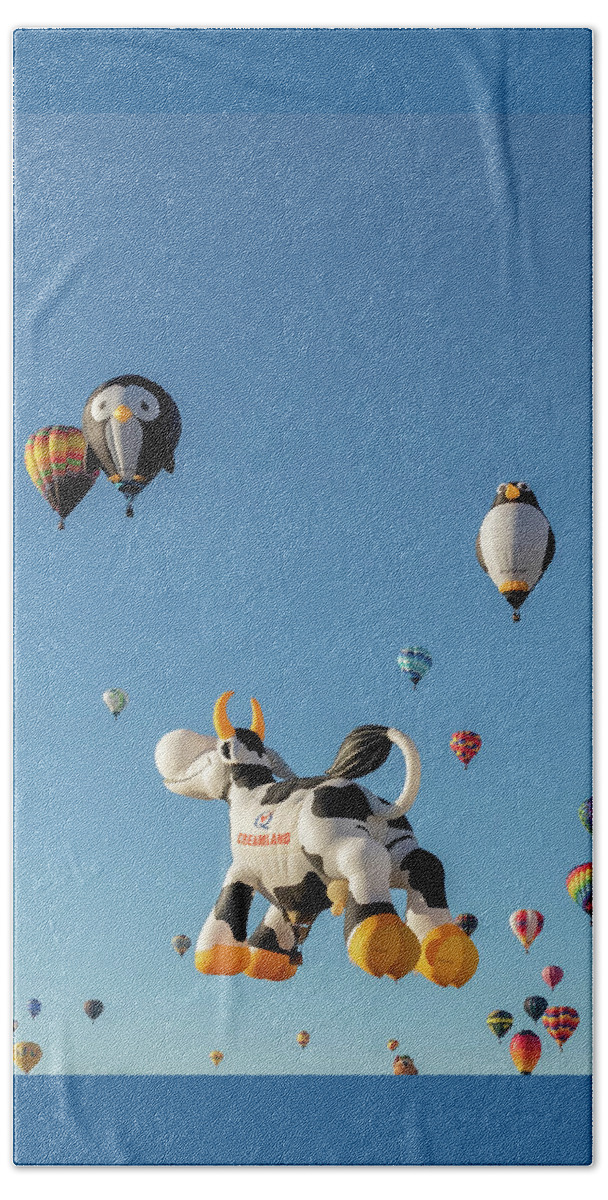 Hot Air Balloons Beach Towel featuring the photograph Flying Penguins and Airabelle the Cow Aloft by Susan Rissi Tregoning