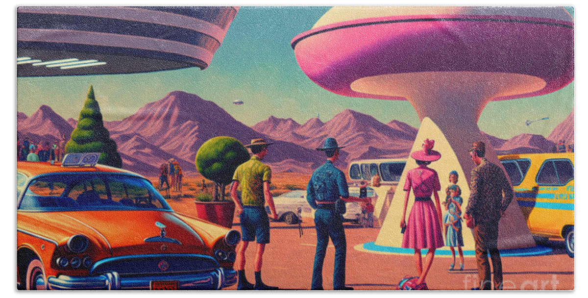 Flying Beach Towel featuring the mixed media Flying Saucer Frenzy IX by Jay Schankman