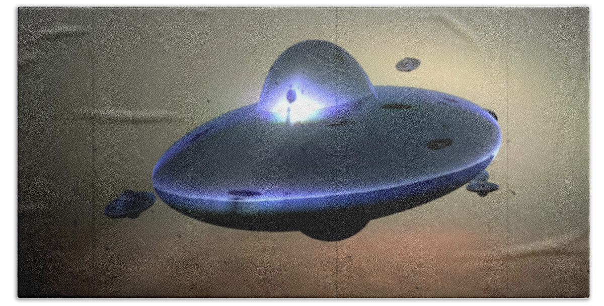 Flying Saucer Beach Towel featuring the digital art Flying Saucer Metallic Blue by Russell Kightley