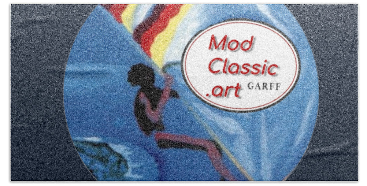 Windsurfer Beach Towel featuring the painting Flying Windsurfer ModClassic Art by Enrico Garff