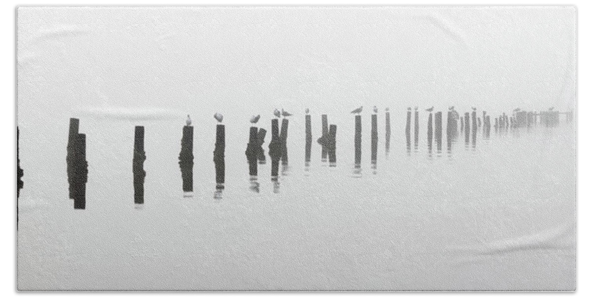 Black And White Beach Towel featuring the photograph Foggy Old Pier In Black And White Florida by Jordan Hill