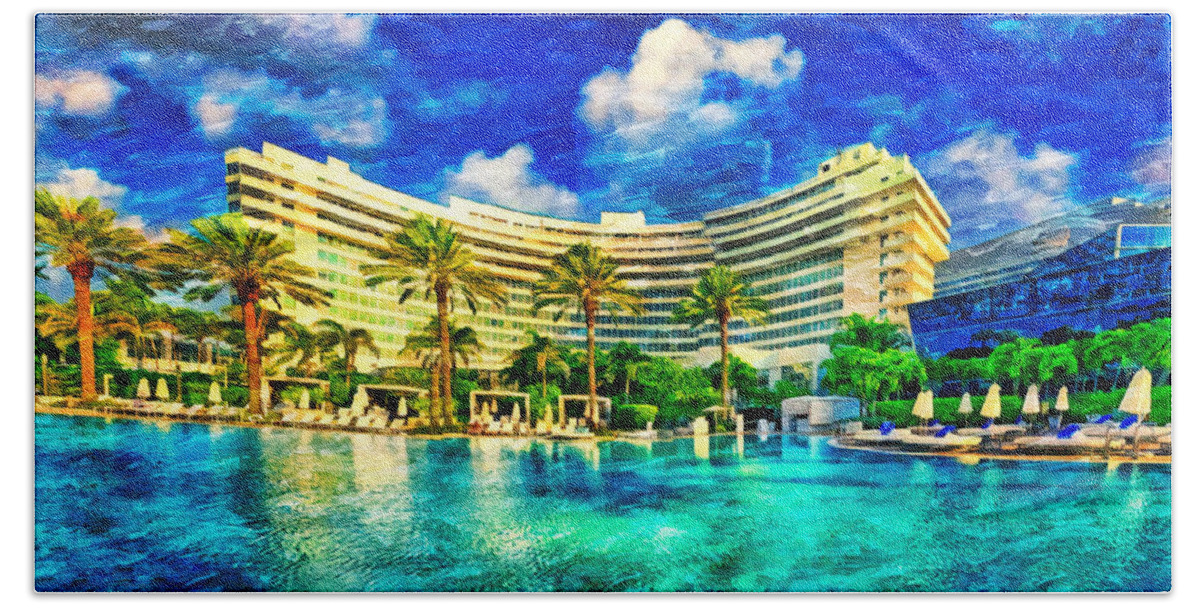 Fontainebleau Miami Beach Beach Towel featuring the digital art Fontainebleau Miami Beach seen from the swimming pool - oil painting by Nicko Prints