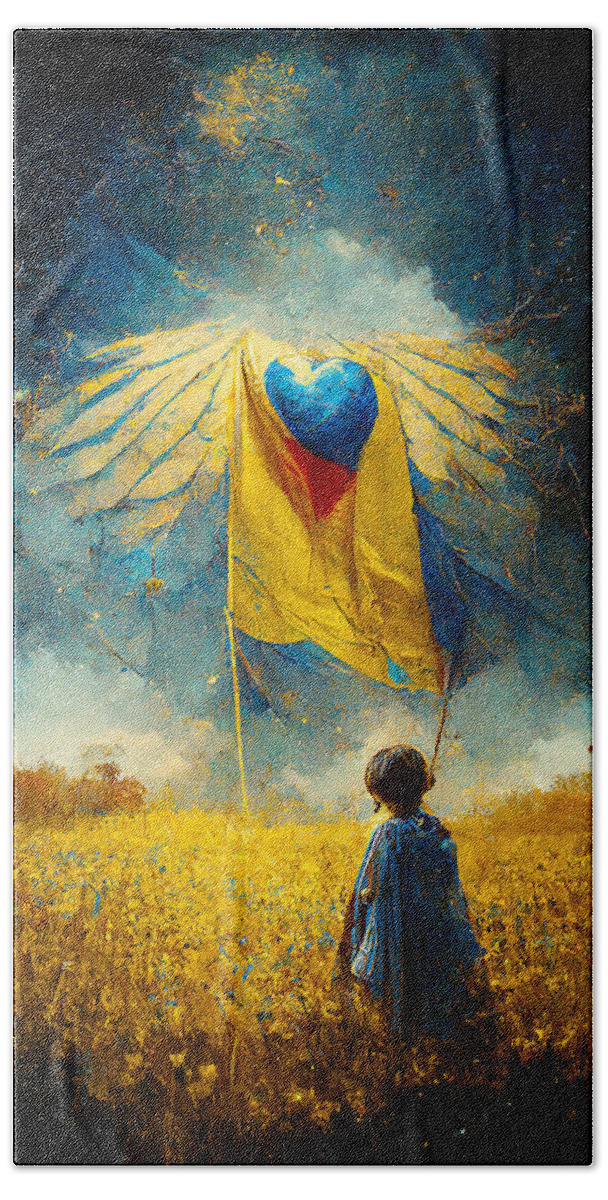 Angel Of Peace Beach Towel featuring the painting For the children of Ukraine by Vart