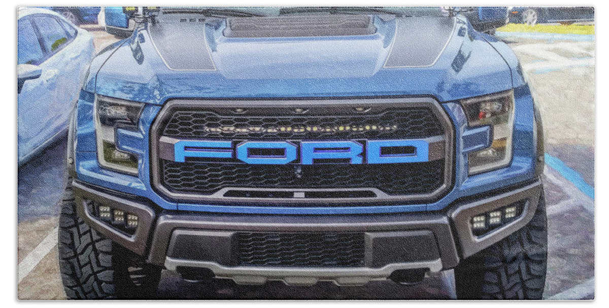 2019 Ford F-150 Blue Raptor Beach Towel featuring the photograph 2019 Ford Blue F-150 Raptor X115 by Rich Franco