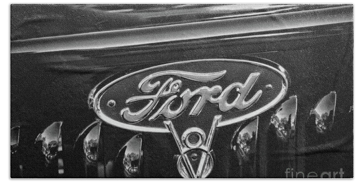 Paul Ward Beach Towel featuring the photograph Ford V8 Classic Car Badge black and white by Paul Ward