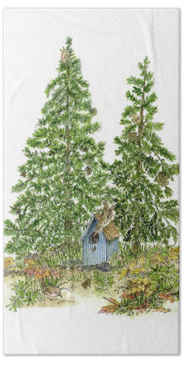 Pine Trees Beach Sheet featuring the painting Forest Pines Birdhouse Woodland Watercolor by Laurie Rohner