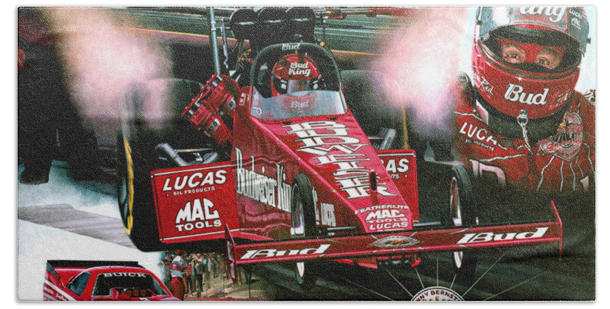Drag Racing Nhra Top Fuel Funny Car John Force Kenny Youngblood Nitro Champion March Meet Images Image Race Track Fuel Bernstein Budweiser Bud Beach Towel featuring the painting Forever Red by Kenny Youngblood