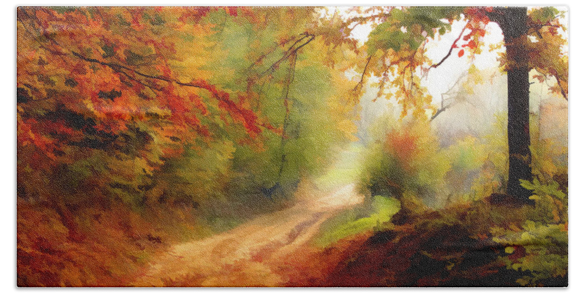 Road Beach Towel featuring the painting Forest Road in Autumn - DWP1072823 by Dean Wittle