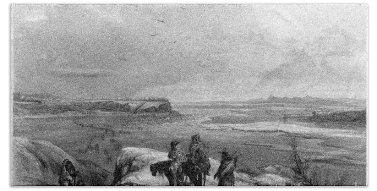 1840 Beach Towel featuring the drawing Fort Clark, 1834 by Karl Bodmer
