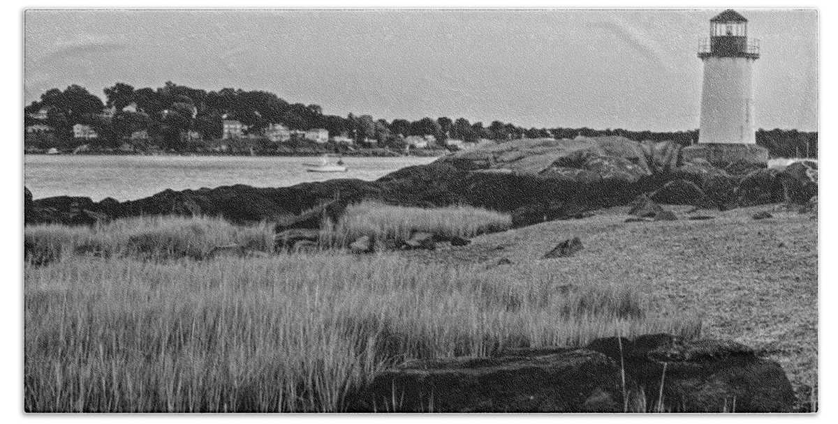 Salem Beach Towel featuring the photograph Fort Pickering Light through the tall grass Salem MA Black and White by Toby McGuire