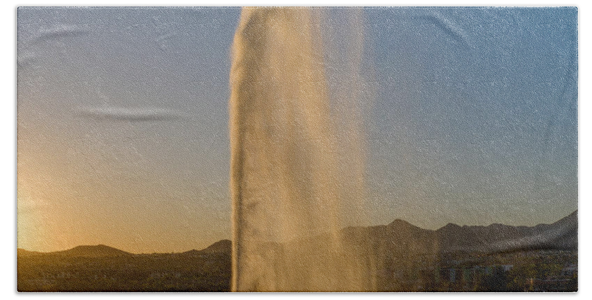 Arizona Beach Towel featuring the photograph Fountain Hills, Arizona Fountain Golden Hour Sunlight by Anthony Giammarino