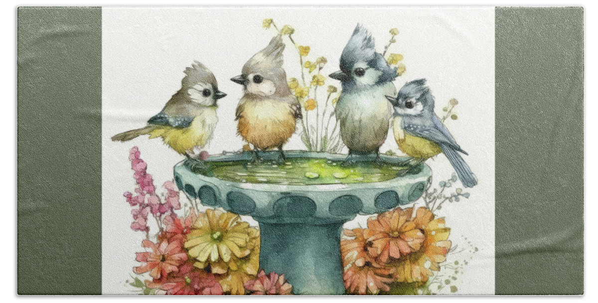 Bird Beach Towel featuring the painting Four Little Friends by Tina LeCour