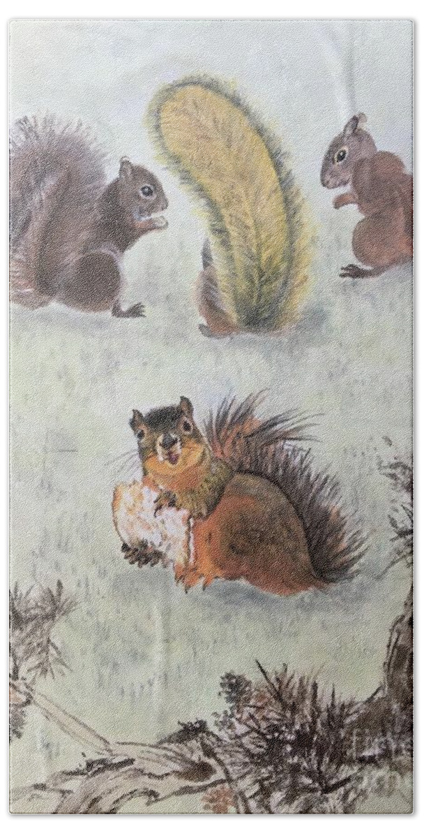 Squirrel Beach Towel featuring the painting Four Squirrels In The Neighborhood - 2 by Carmen Lam