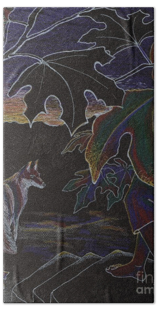 Black Background Beach Towel featuring the drawing Fox at the Bottom of the Steps with Black Background by Tammy Nara