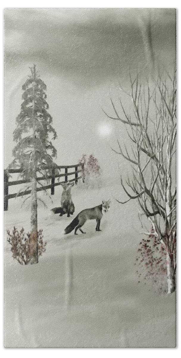 Fox Beach Towel featuring the mixed media Foxes near the corral Winter Morning B W by David Dehner