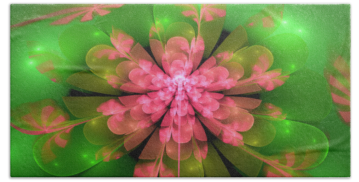 Fractal Beach Towel featuring the digital art Fractal Flower Pink and Green by Matthias Hauser