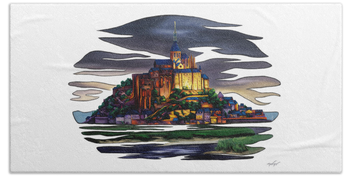 France Beach Towel featuring the painting France colorful landscape, Saint Michael's Mount by Nadia CHEVREL