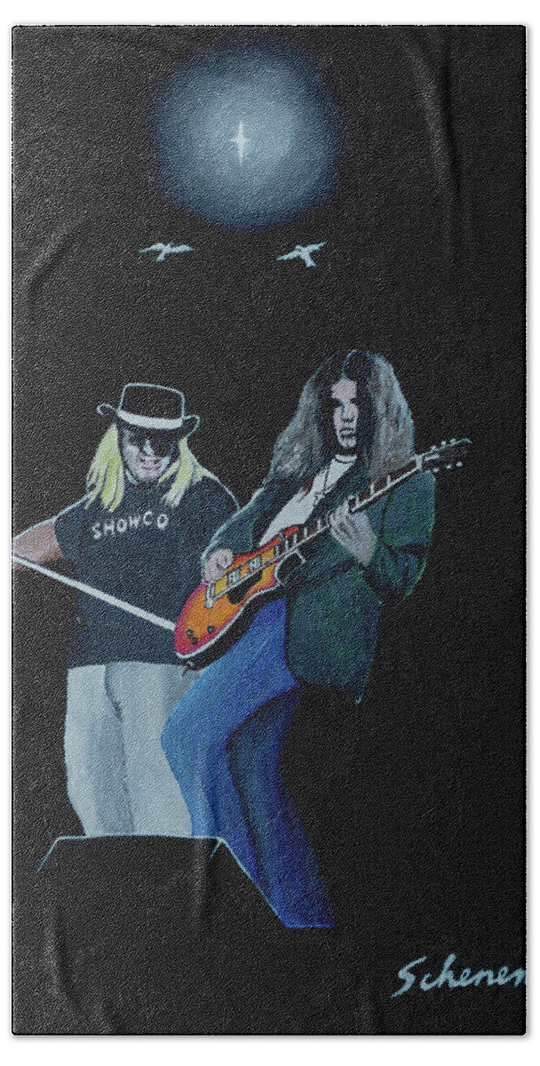 Lynyrd Skynyrd Beach Towel featuring the painting Free Birds - Ronnie Van Zant and Steve Gaines by Sonny Scheneman