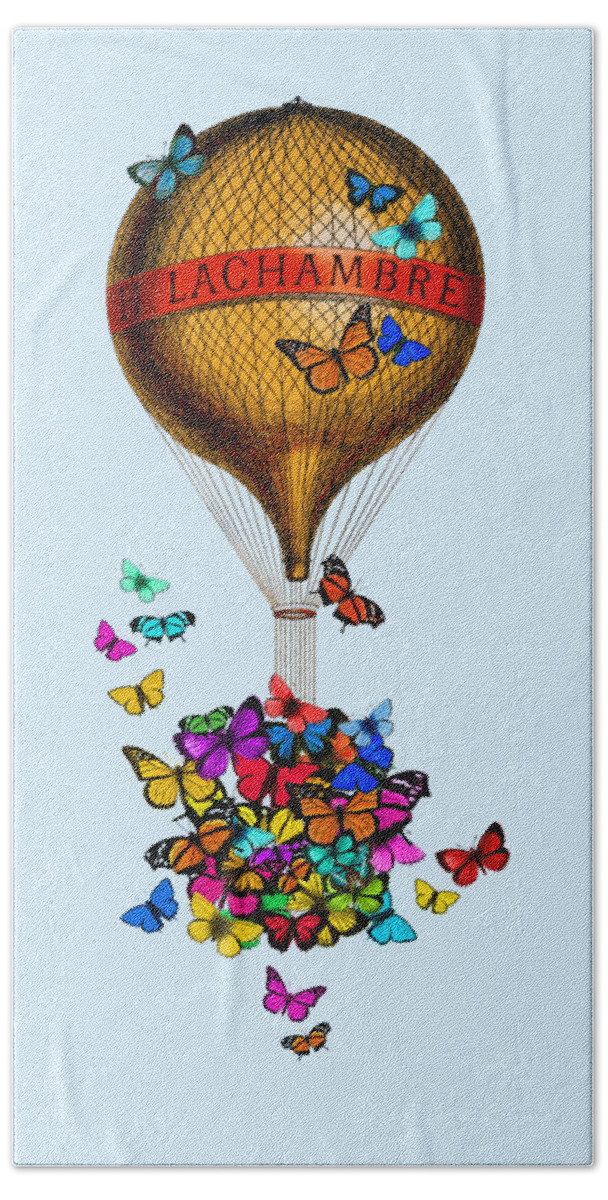 French Beach Towel featuring the digital art French hot air balloon with rainbow butterflies basket by Madame Memento