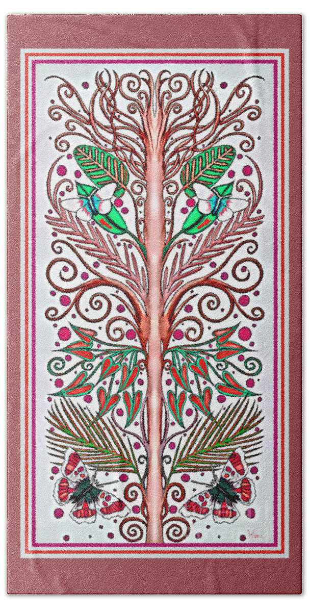 Tree Beach Towel featuring the mixed media French-style Tree with Red and Green Leaves with Butterflies by Lise Winne