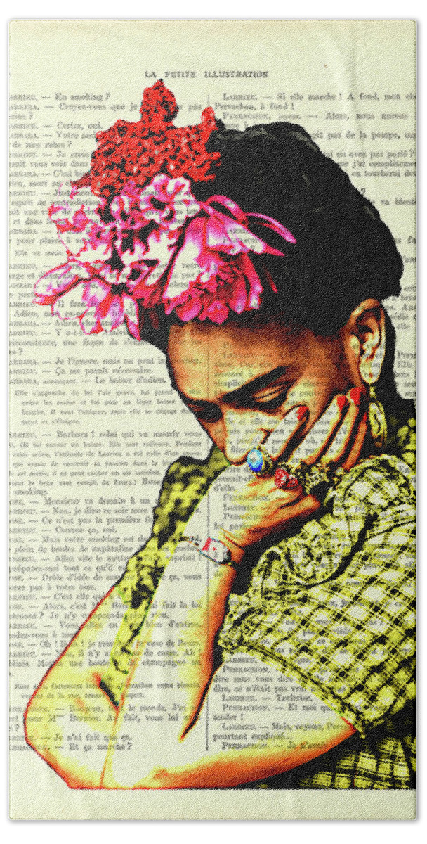 Frida Kahlo Beach Towel featuring the digital art Frida Kahlo portrait in bright colors art by Madame Memento