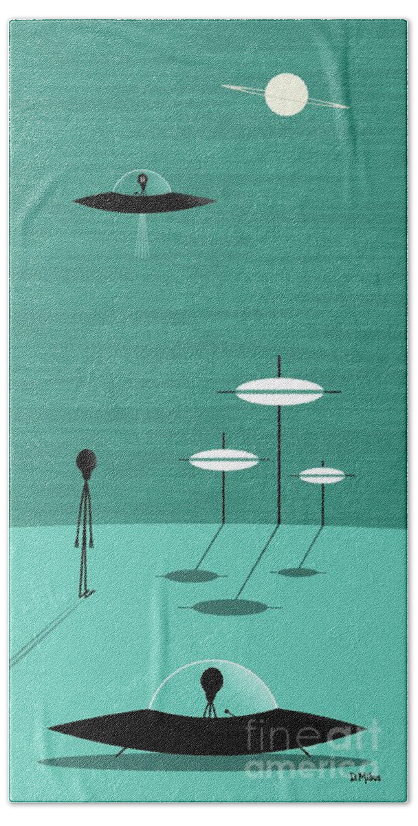 Sci Fi Art Beach Towel featuring the digital art Friendly Aliens Visit Teal Planet by Donna Mibus