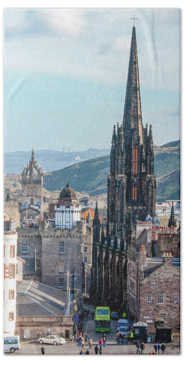 Castle Of Edinburgh Beach Towel featuring the digital art From the Castle of Edinburgh, Scotland by SnapHappy Photos