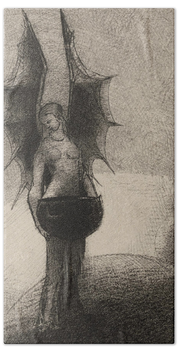 19th Century Beach Towel featuring the relief Frontispiece from Iwan Gilkin's Tenebres by Odilon Redon