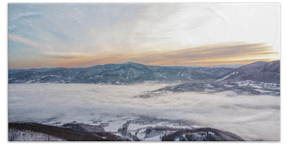 Trekking Beach Towel featuring the photograph Frosty morning on Skalka mountain in Beskydy mountains by Vaclav Sonnek