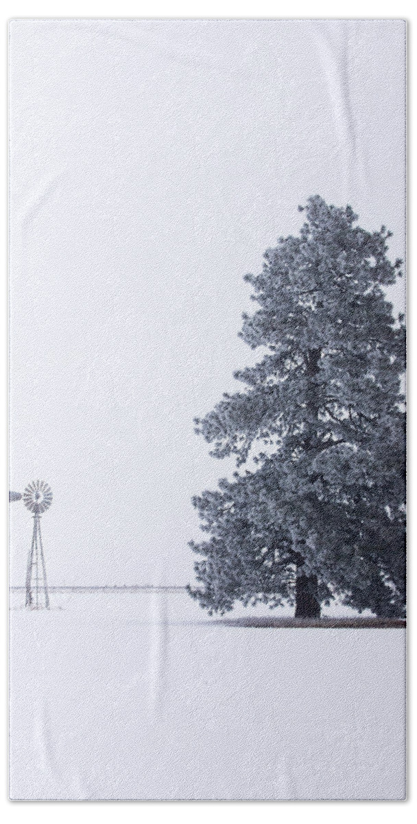 Janesville Beach Towel featuring the photograph Frosty Pine and Windmill by Mike Lee
