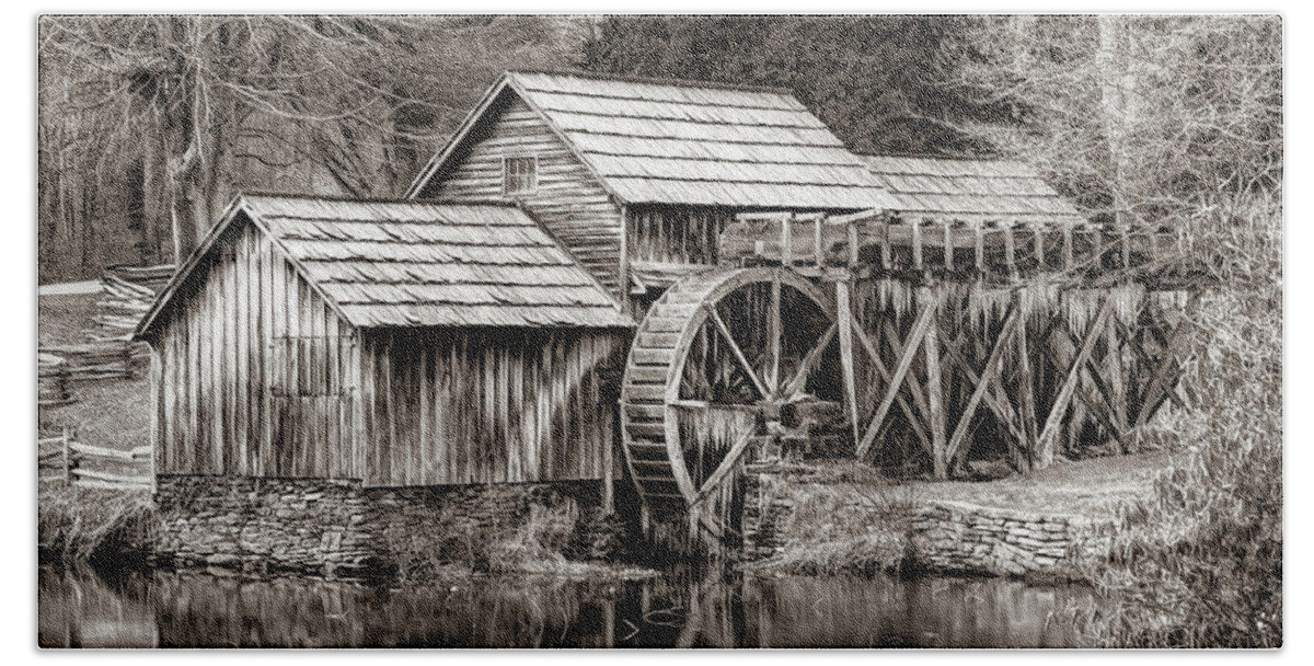America Beach Towel featuring the photograph Frozen Mabry Mill Sepia Panorama - Virginia Blue Ridge Parkway by Gregory Ballos