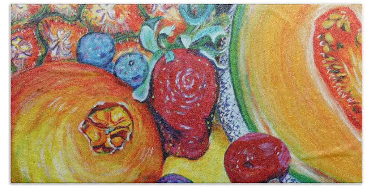 Colorful Fruit Beach Towel featuring the painting Fruit and a Brussel Sprout by Dorsey Northrup