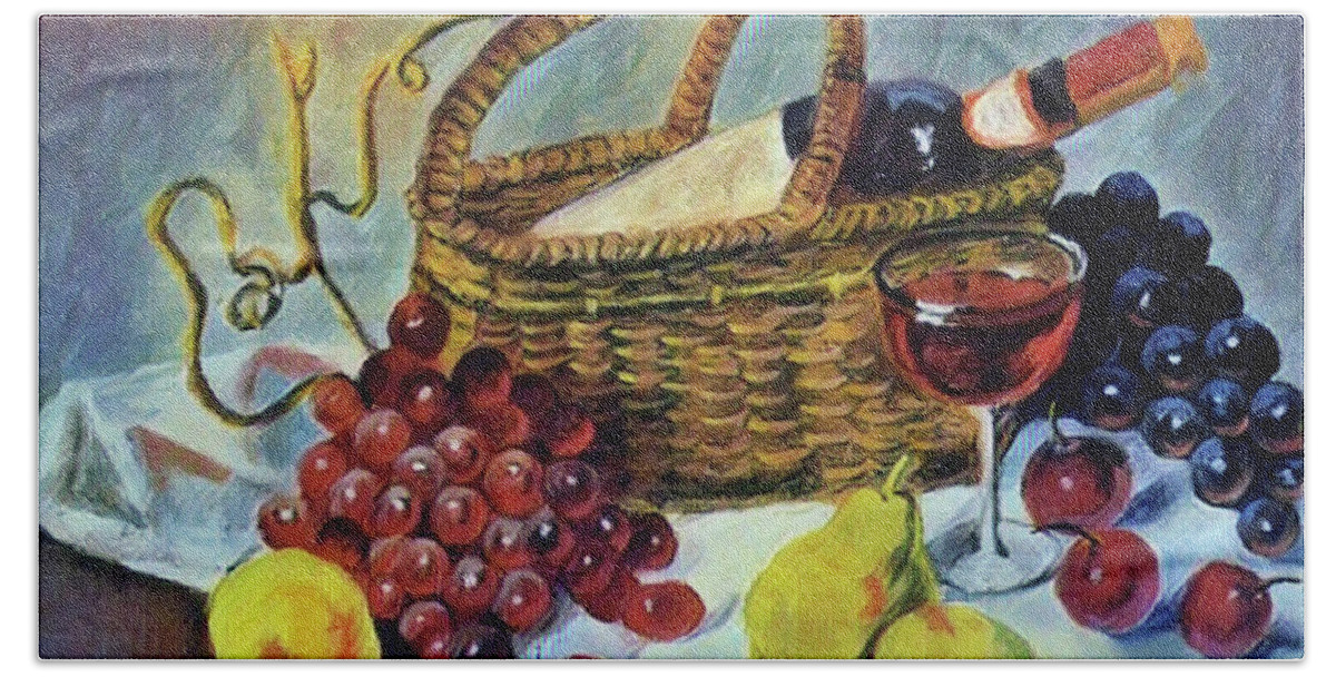 Basket Beach Towel featuring the painting Fruit Basket with Wine by Joel Smith