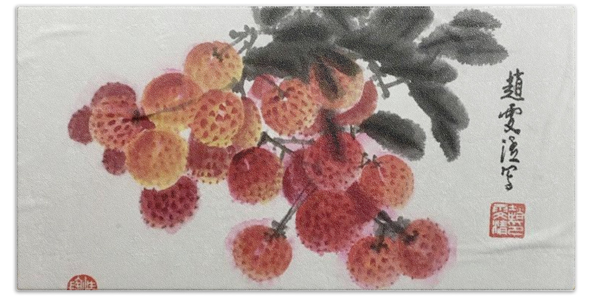 Litchi Beach Towel featuring the painting Fruit Litchi by Carmen Lam