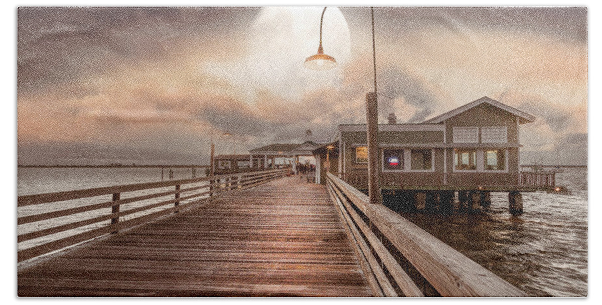 Clouds Beach Towel featuring the photograph Full Moon over the Beach Docks on Jekyll Island by Debra and Dave Vanderlaan