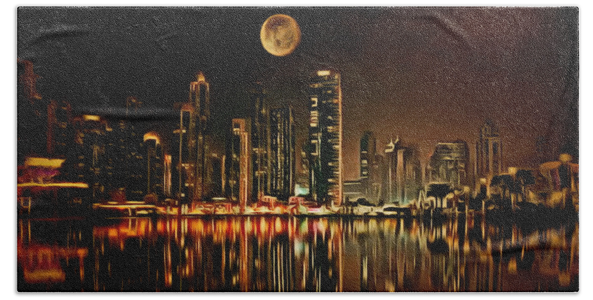 Square Beach Towel featuring the digital art Full Moon Over The City by Yorgos Daskalakis