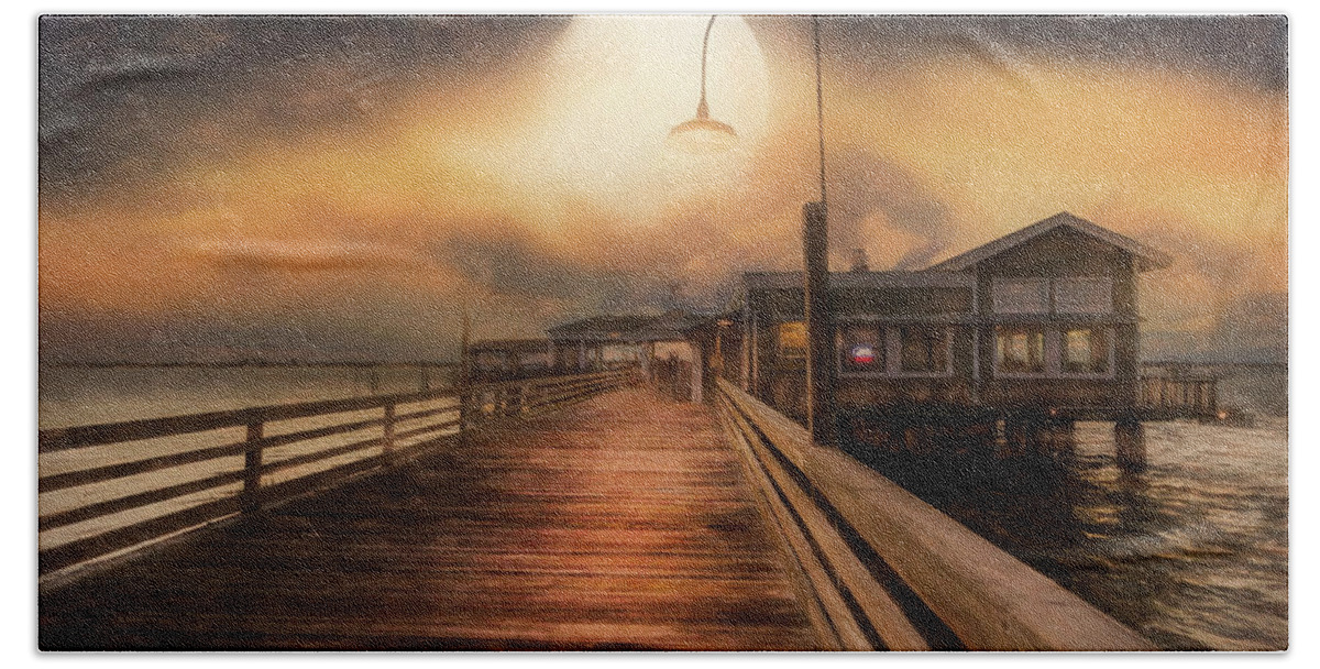 Clouds Beach Towel featuring the photograph Full Moon over the Docks on Jekyll Island Painting by Debra and Dave Vanderlaan