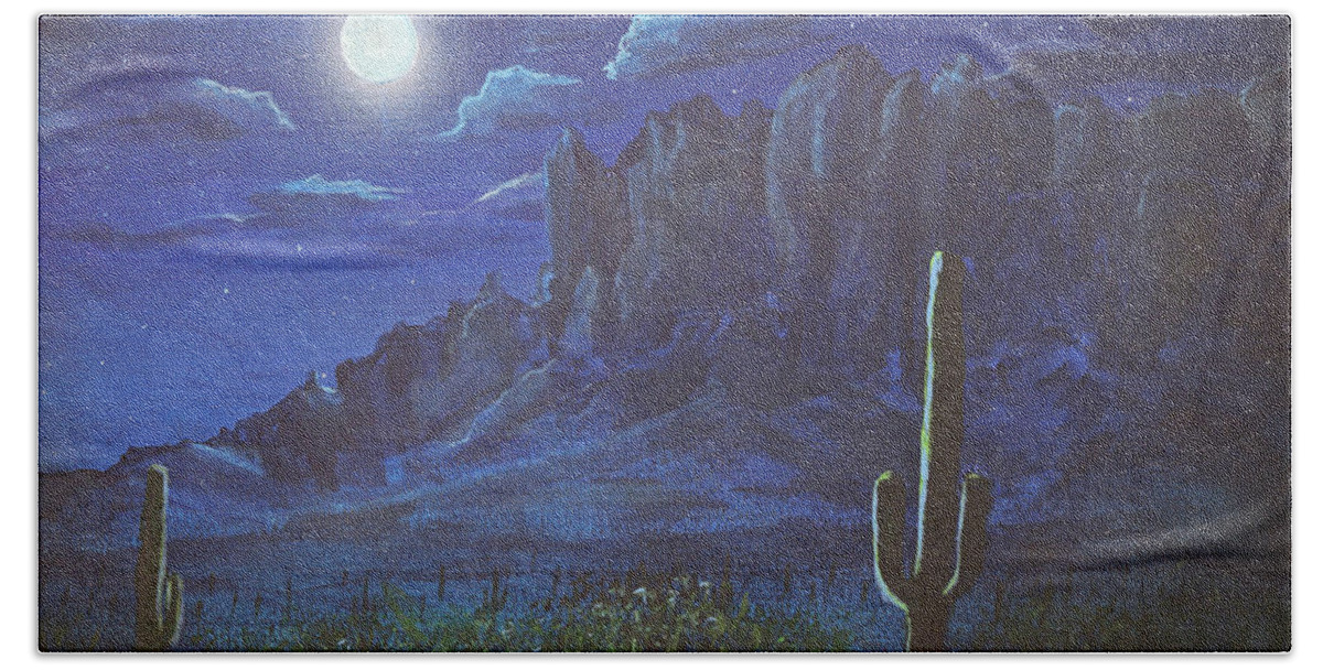 Superstition Mountains Beach Towel featuring the painting Full Moon over the Superstition Mountains, Arizona by Chance Kafka