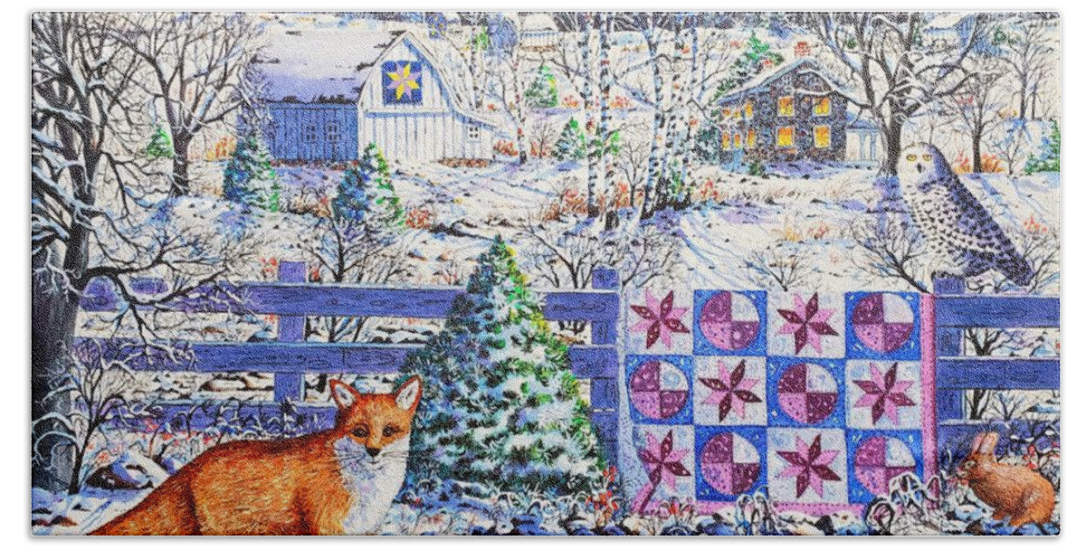 Winter Landscape Beach Towel featuring the painting Full Moon Quilt by Diane Phalen